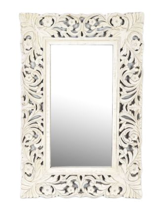 Zrcadlo ve vyřezávaném rámu, bílá patina, mango, 60x3x90cm