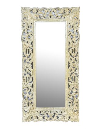 Zrcadlo ve vyřezávaném rámu, bílá patina, mango, 60x3x120cm