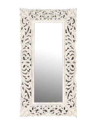 Zrcadlo ve vyřezávaném rámu, bílá patina, mango, 60x3x120cm