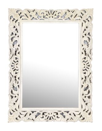 Zrcadlo ve vyřezávaném rámu, bílá patina, mango, 90x3x120cm