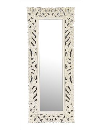 Zrcadlo ve vyřezávaném rámu, bílá patina, mango, 60x3x150cm