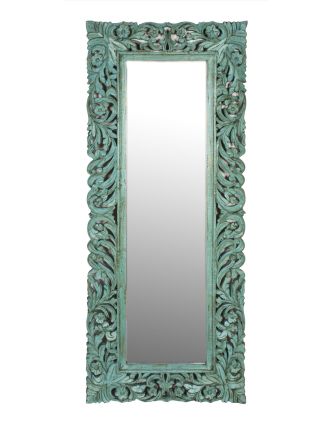 Zrcadlo ve vyřezávaném rámu, tyrkysová patina, mango, 60x3x150cm