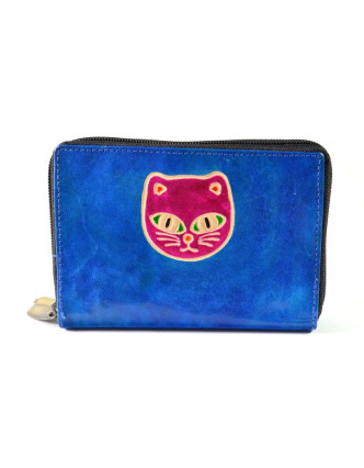 Peněženka design "Cat's head", ručně malovaná kůže, modrá, 15x10cm