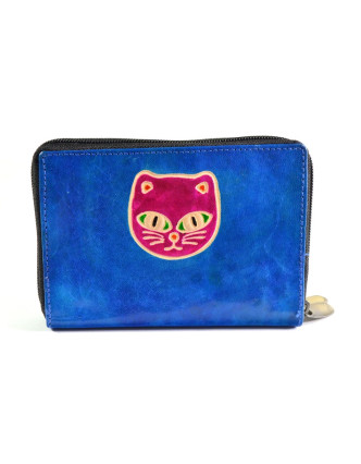 Peněženka design "Cat's head", ručně malovaná kůže, modrá, 15x10cm