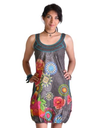 Šedé šaty bez rukávu "Savanna" s barevnými květinami, kapsy