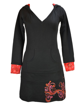 Mikinové šaty s dlouhým rukávem a kapucou, černo-červené, potisk, kapsa na břiše