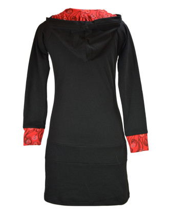 Mikinové šaty s dlouhým rukávem a kapucou, černo-červené, potisk, kapsa na břiše