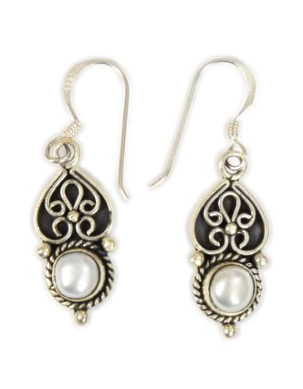 Stříbrné visací náušnice s perlou a ornamenty, AG 925/1000, 3g, Nepál