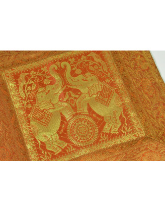 Oranžový povlak na polštář, dva sloni a pávi, bohatá zlatá výšivka, 40x40cm