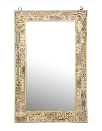 Zrcadlo v rámu z teakového dřeva zdobené starými raznicemi, 77x4x122cm