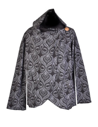 Černo-šedý kabát s kapucí zapínaný na knoflík, kapsy, celopotisk