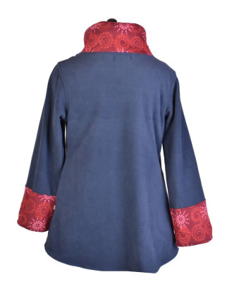 Modro-vínový fleecový kabát s potiskem zapínaný na knoflík, výšivka, kapsy