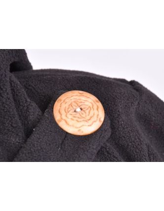 Černý fleecový kabát s kapucí zapínaný na knoflík, aplikace mandal, výšivka