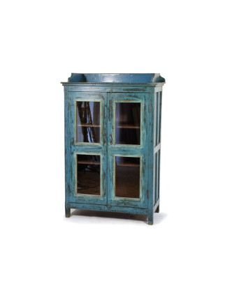 Prosklená skříňka z antik teakového dřeva, modrá patina, 95x50x148cm