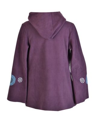 Švestkový fleecový kabát s kapucí zapínaný na knoflík, aplikace mandal, výšivka
