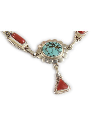 Stříbrný náhrdelník vykládaný korálem a tyrkysem, karabinka, délka cca 49cm, 12g