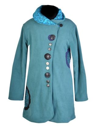 Tyrkysový fleecový kabát s límcem zapínaný na knoflíky, barevné aplikace, potisk