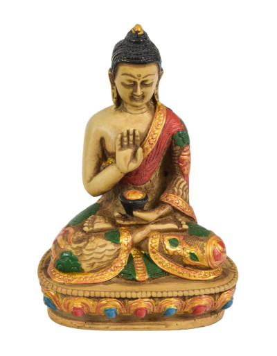 Buddha Amoghasiddhi, barevný, bohatě zdobené roucho,  pryskyřice, 9x7x13cm