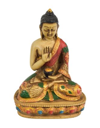 Buddha Amoghasiddhi, barevný, bohatě zdobené roucho,  pryskyřice, 9x7x13cm