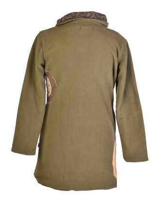Khaki fleecový kabát s límcem zapínaný na knoflíky, barevné aplikace, potisk a v