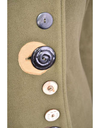 Khaki fleecový kabát s límcem zapínaný na knoflíky, barevné aplikace, potisk a v