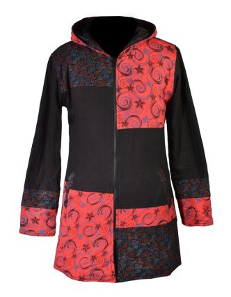 Černo červený patchworkový kabátek s kapucí "Flower Spiral", potisk, kapsy, zip