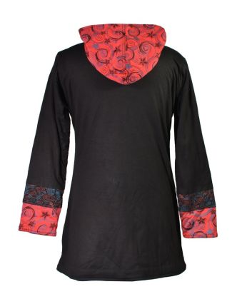 Černo červený patchworkový kabátek s kapucí "Flower Spiral", potisk, kapsy, zip