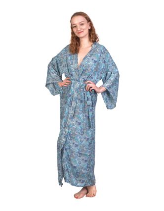 Dlouhé kimono s páskem, potisk, modré