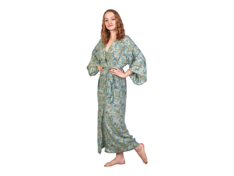 Dlouhé kimono s páskem, potisk, zeleno-modré