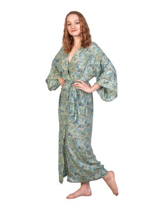 Dlouhé kimono s páskem, potisk, zeleno-modré