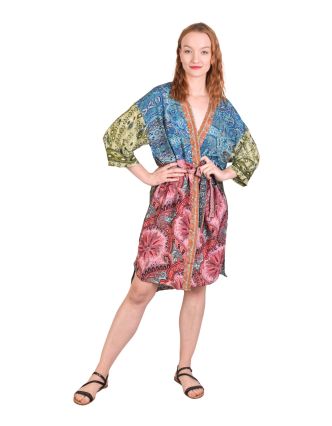 Středně dlouhé kimono s páskem, potisk, patchwork