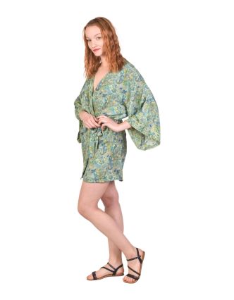 Krátké kimono s páskem, potisk, zeleno-modré