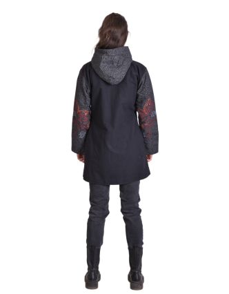 Černo-šedý kabátek s kapucí "Ornamental design", výšivka, potisk, kapsy, zip