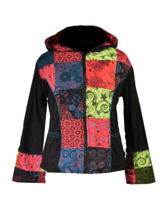 Multibarevná patchworková bunda s kapucí, mix tisků, zip, kapsy