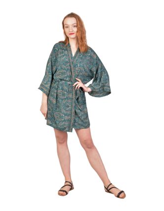 Krátké kimono s páskem, paisley potisk, smaragdově zelené