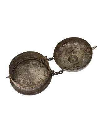 Stará kovová nádoba s víkem, ručně tepaná, mosazná, 29x29x25cm