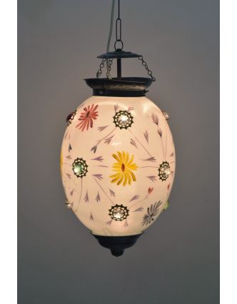 Oválná skleněná lampa zdobená barevnými kameny, bílá, 25x25x35cm