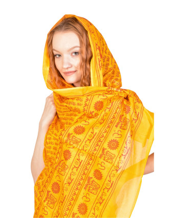 Sárong s ručním potiskem, žlutý s červeným potiskem, bavlna 110x170cm