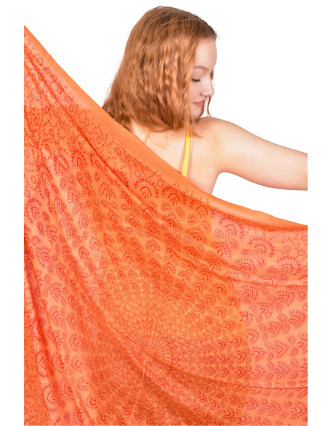 Sárong s Mandalou a ručním potiskem, oranžovo-červený, třásně, viskóza 100x160cm