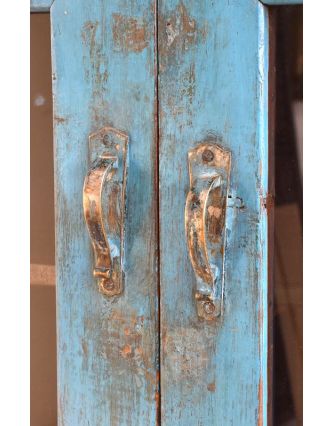 Prosklená skříňka z antik teakového dřeva, modrá patina, 128x55x152cm