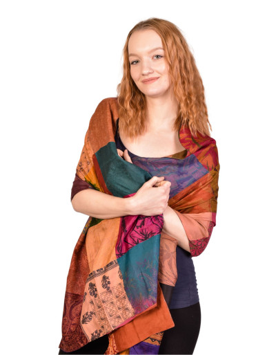 Hedvábný patchworkový barevný šál s motivem, 55x200cm