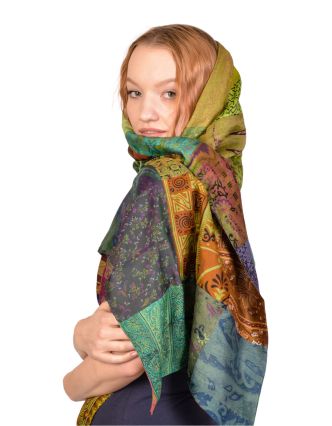 Hedvábný patchworkový barevný šál s motivem, 55x200cm