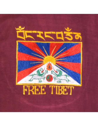 Vínové tričko s krátkým rukávem a výšivkou vlajky Tibetu