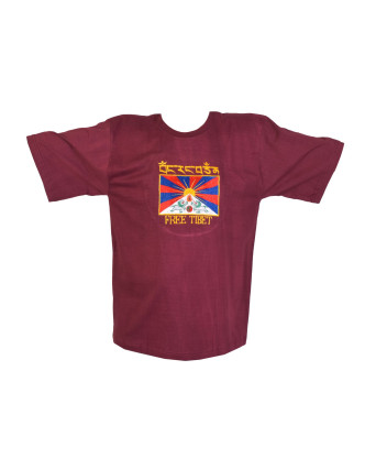 Vínové tričko s krátkým rukávem a výšivkou vlajky Tibetu