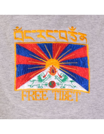 Šedé tričko s krátkým rukávem a výšivkou vlajky Tibetu