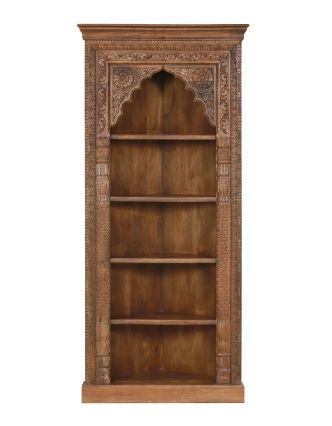 Rohová knihovna z mangového dřeva, ruční řezby, 92x45x205cm