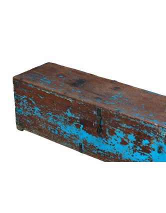 Stará truhla z teakového dřeva, tyrkysová patina, 106x30x33cm