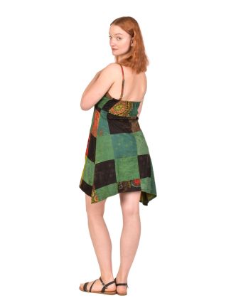 Krátké šaty na ramínka, barevný patchwork, asymetrické, bavlněný úplet