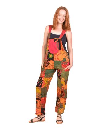 Kalhoty s laclem, kapsy, multibarevný patchwork, bavlněné plátno
