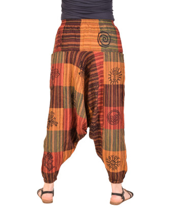 Turecké kalhoty, barevné s kapsami, patchwork potisk, indické symboly a proužky